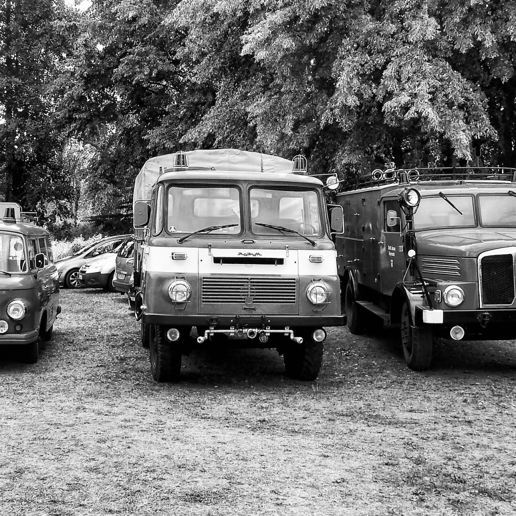 Historische Nutzfahrzeuge in Schwarz-Weiß vor Bäumen geparkt.