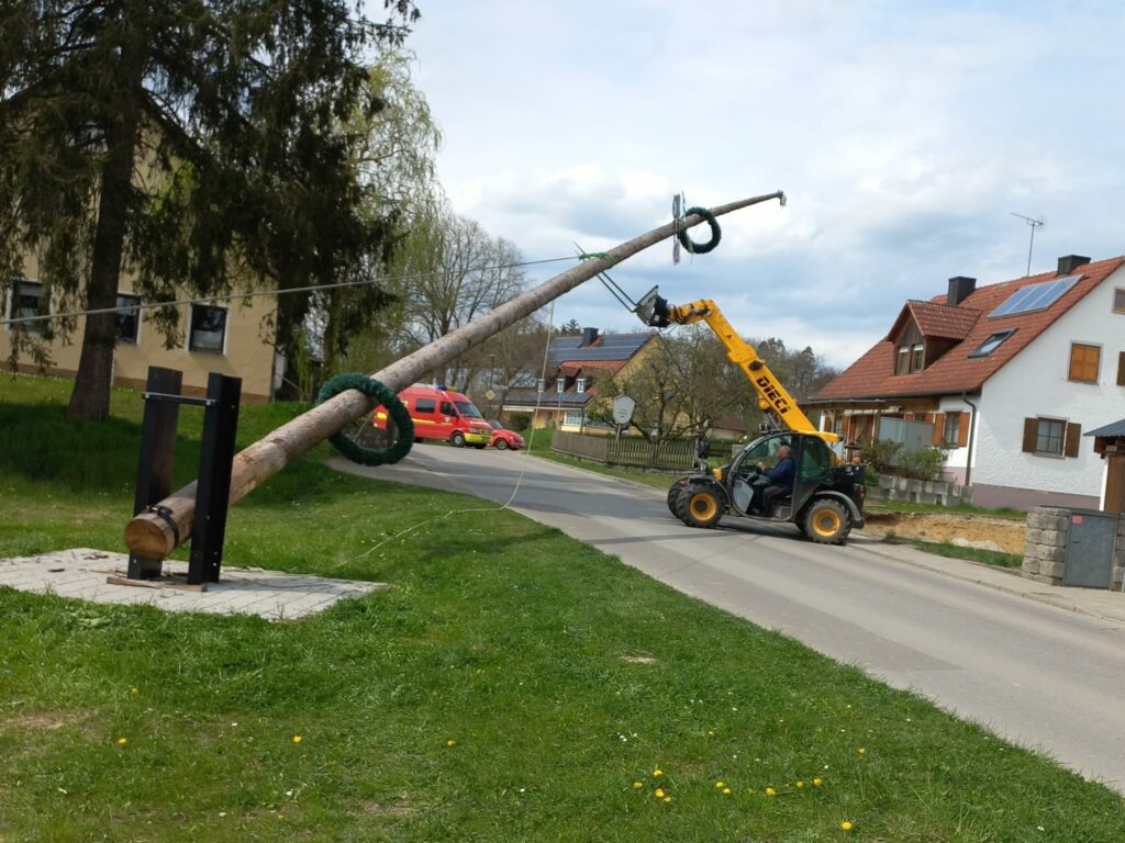 Maibaum wird von Kran aufgestellt.