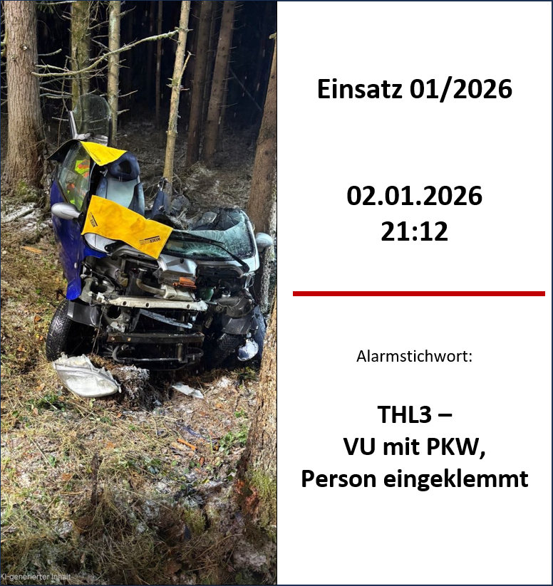 Autounfall im Wald, PKW beschädigt und eingeklemmt