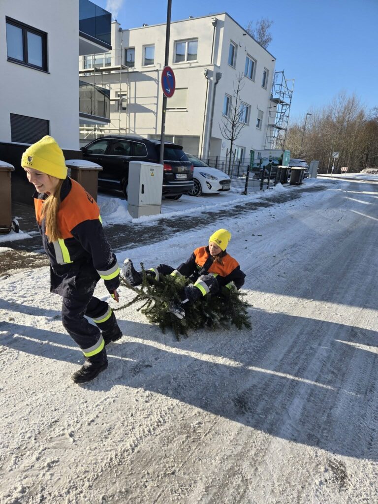 Kinder spielen im Schnee mit Tannenzweigen.