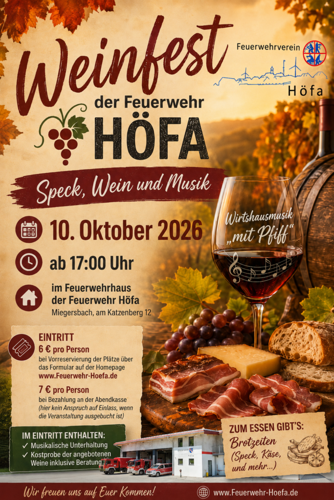 Plakat zum Weinfest der Feuerwehr Höfa am 10. Oktober 2026